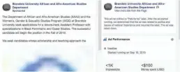  ?? FACEBOOK USA TODAY NETWORK ILLUSTRATI­ON ?? Facebook says it mislabeled this ad for a job opening at Brandeis University as political.