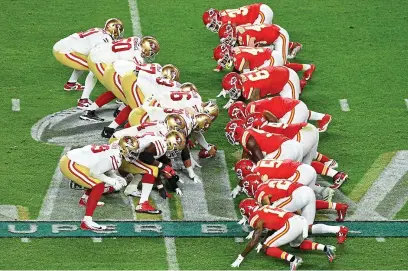  ??  ?? Hut, hut, hike! NFL Super Bowl action last year between Kansas City Chiefs and San Francisco 49ers