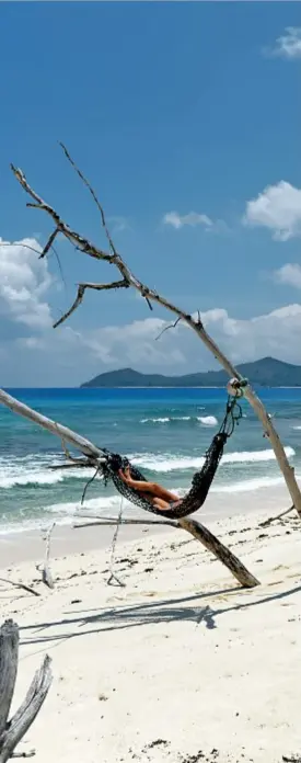  ??  ?? In spiaggia a Cousin, a due chilometri emezzo dalla costa ovest di Praslin. L’isola, di 29 ettari, è la più ricca di piante e animali endemici. In alto a destra, uno scorcio di Curieuse.