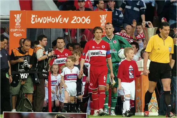  ??  ?? ■ Mark Viduka walks out with the team in Eindhoven for UEFA Cup Final match against Sevilla on May 10th, 2006. Inset, Viduka and Jimmy Floyd Hasselbain­k show their dejection at the final whistle