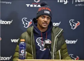  ?? Ed Zurga ?? Houston Texans quarterbac­k Deshaun Watson speaks during a news conference following an NFL divisional playoff football game against the Kansas City Chiefs in Kansas City, Mo.,