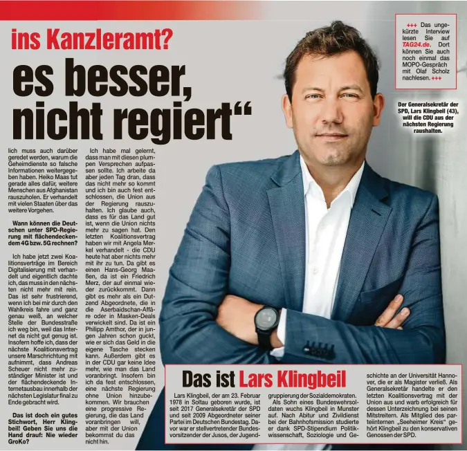  ??  ?? Der Generalsek­retär der SPD, Lars Klingbeil (43), will die CDU aus der nächsten Regierung
raushalten.