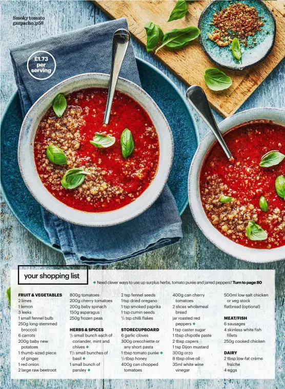  ??  ?? Smoky tomato gazpacho, p58