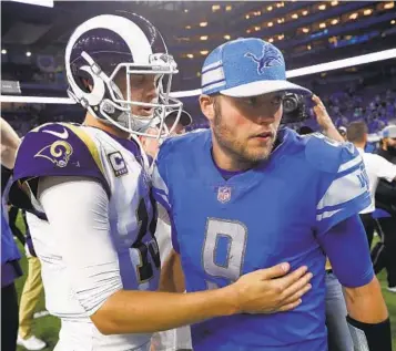  ?? Guest column PAUL SANCYA AP ?? Jared Goff (left) and Matthew Stafford face off for second time on Sunday since being traded for each other.