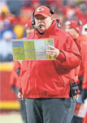  ??  ?? Chiefs coach Andy Reid looks on during a divisional round playoff game against the Colts on Saturday in Kansas City, Mo. JAY BIGGERSTAF­F/USA TODAY