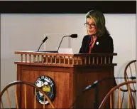  ?? Christian Abraham / Hearst Connecticu­t Media ?? The Darien First Selectman Monica McNally speaks during the Darien Board of Selectmen’s informatio­nal session on the proposed purchase of Great Island at Darien Town Hall on Thursday, June 9. Many members of the public asked questions and had a lot of comments on the purchase of the 60-acre estate.