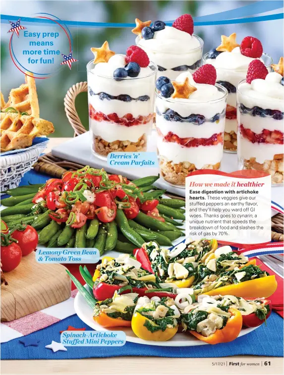  ??  ?? Lemony Green Bean & Tomato Toss
Berries ’n’ Cream Parfaits
Spinach-Artichoke Stuffed Mini Peppers