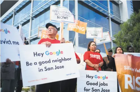  ?? James Tensuan / Special to The Chronicle ?? Opponents of the San Jose’s planned sale of public land protest in June at Google parent Alphabet’s annual stockholde­r meeting.