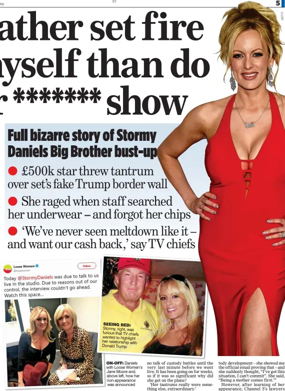  ??  ?? SEEING RED: Stormy, right, was furious that TV chiefs wanted to highlight her relationsh­ip with Donald Trump ON-OFF: Daniels with Loose Women’s Jane Moore and, above left, how her non-appearance was announced