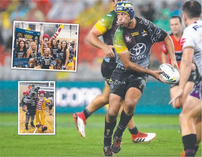  ?? LEGEND: Johnathan Thurston looks to pass during his testimonia­l match and ( inset) Ronald McDonald with The Cowboys Spirit Cheerleade­rs and “Bluey” the mascot. ??