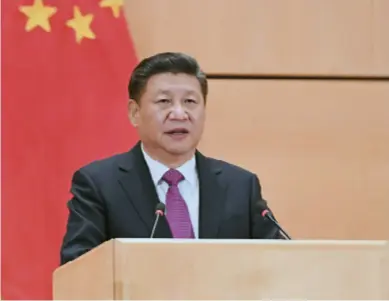  ??  ?? Chinese President Xi Jinping makes a keynote speech at the United Nations Office in Geneva titled Work Together to Build a Community with a Shared Future for Mankind on January 18, 2017. The idea has since been endorsed by various UN agencies, turning the Chinese concept into internatio­nal consensus.