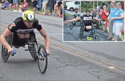  ?? / Kevin Myrick ?? ABOVE: Daniel Romanchuk pushed his way to a record-breaking finish in the Cedartown Internatio­nal Wheelchair 5K Road Race on Thursday, finishing with a 9:40.92 time. INSET: Romanchuk shows off his 7-foot armspan while getting his reward for winning the...