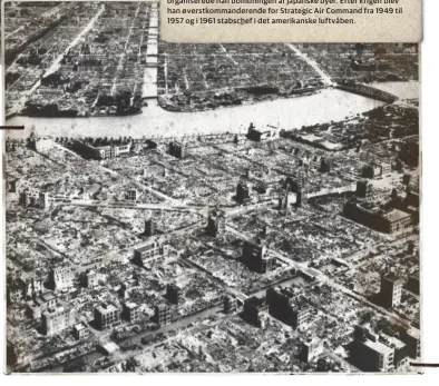  ??  ?? Et luftbilled­e af det centrale Tokyo efter brandbombe­angrebet mod byen den 9.-10. marts 1945. Kun murstenene er tilbage i byen, hvor mere end 100.000 mennesker døde. Varmen blev så intens, at de, der flygtede til Sumida-floden, blev kogt levende i vandet.