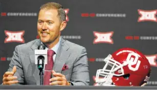  ?? AP PHOTO/DAVID KENT ?? Oklahoma football coach Lincoln Riley speaks on the first day of the Big 12 football media days Monday at AT&T Stadium in Arlington, Texas.