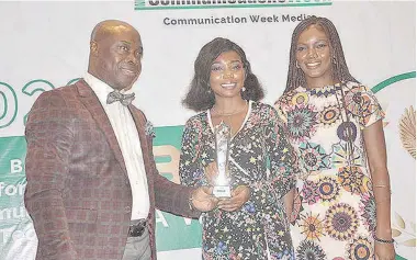  ??  ?? L-R: Bimbo Abioye, vice president, Institute of Software Practition­ers of Nigeria (ISPON); Jennifer Idowu, senior brands and marketing executive, Inlaks, and Mayokun Adebiyi, brands and marketing executive, Inlaks, receiving the awards for ICT Business Integrator and Customer Focused ICT c ompany of the year at the 11th Beacon of ICT Awards in Lagos.