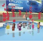 ??  ?? Avatars – icons that represent people – attend a baptism at VR Church.