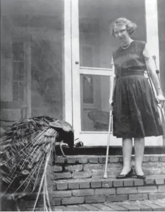  ?? © Reporters/Everett ?? Schrijfste­r Flannery O’Connor met een pauw op de trappen van het landgoed Andalusia, jaren 50.