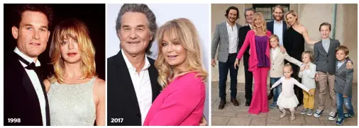  ??  ?? Goldie has said that if she and Kurt Russell had married, they would be divorced by now. RIGHT: Kurt and Goldie with (from left) her son Oliver Hudson, their son Wyatt Russell, her daughter Kate Hudson and grandchild­ren Ryder, Rio, Bingham, Wilder and Bodhi.