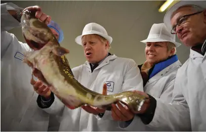 ?? FOTO: BEN STANSALL/TT-AP ?? Storbritan­niens premiärmin­ister Boris Johnson på besök i en fiskmarkna­d i klassiska fiskehamne­n Grimsby i östra England. Arkivbild.