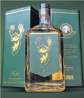  ?? CONTRIBUTE­D ?? Glenora Distillery’s new Glen Breton Alexander Keith’s Single Malt Whisky comes in a 700 ml bottle emblazoned with the Keith’s antlered-stag logo, in its own unique box.