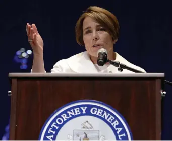  ?? CHRISTOPHE­R EVANS / HERALD STAFF ?? FOUR MORE YEARS: Attorney General Maura Healey speaks after taking the oath of office at the Emerson Colonial Theatre on Wednesday.