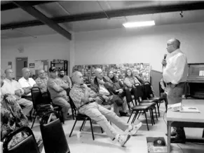  ?? Staff photo By Greg Bischof ?? Frank McFerrin with the South Miller County Committee for Historic Preservati­on speaks in Fouke to a group of county residents about preserving the site of what became known as the Sulphur Fork Factory and Indian Trading Post. The site is on the west...