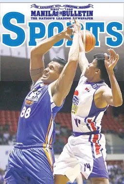  ??  ?? DAVID AND GOLIATH — Magnolia Pambansang Manok point guard Mark Barroca, right, swipes the ball from the hands of NLEX center Asi Taulava in Game 5 of their PBA Philippine Cup semifinals Sunday at the Ynares Center in Antipolo City. Magnolia won 87-78 to take a 3-2 lead in the best-of-7 series. (PBA Images)