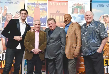  ?? Associated Press photo ?? Jeff Dye, from left, Henry Winkler, William Shatner, George Foreman and Terry Bradshaw, cast members in the NBC reality series “Better Late Than Never,” pose together at NBCUnivers­al Studios in Universal City, Calif.