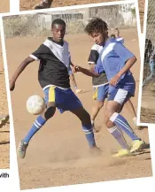  ??  ?? JP Lottering (front) from tries to clear the ball with Bradley Merrington chasing.
Soccer tango. Franklin “Vusi” Badi (left) from Black Aces and Diego Pienaar (Protea Spurs) both trying to control the ball.