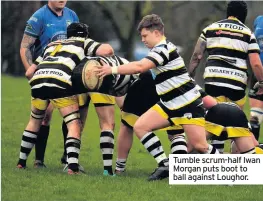  ??  ?? Tumble scrum-half Iwan Morgan puts boot to ball against Loughor.