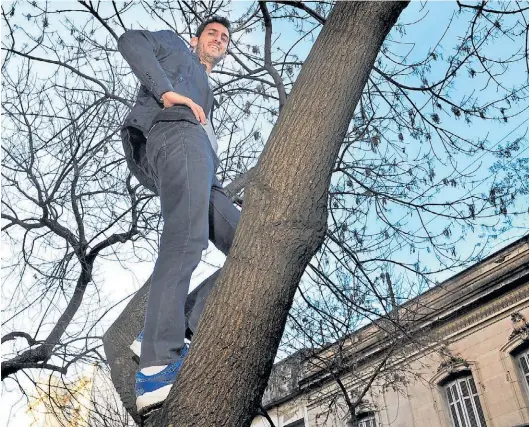  ?? ARIEL GRINBERG ?? En la altura. Germán Chiaravigl­io esta vez no voló sobre la varilla pero aceptó subirse a un árbol en la producción con Clarín.