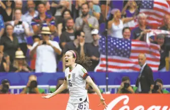  ?? Franck Fife / AFP / Getty Images ?? U.S. midfielder Rose Lavelle, just 24 and in her first major tournament, celebrates after scoring her team’s second goal in Lyon, France. The U.S. won its record fourth championsh­ip.