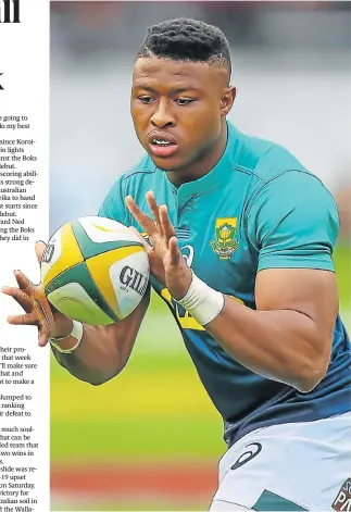  ?? Picture: GORDON ARONS/GALLO IMAGES ?? BIG THREAT: The Wallabies will keep a keen eye on Bok speedster Aphiwe Dyantyi in the Test on Saturday