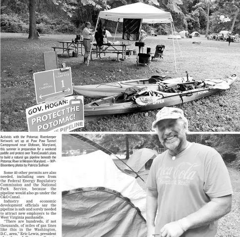  ??  ?? Activists with the Potomac Riverkeepe­r Network set up at Paw Paw Tunnel Campground near Oldtown, Maryland, this summer in preparatio­n for a weekend paddle and protest over TransCanad­a’s plans to build a natural gas pipeline beneath the Potomac River in...