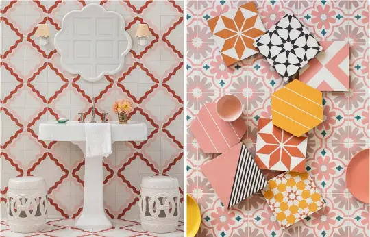  ?? ?? Left: Scalloped designs by Samantha Todhunter for Bert & May. Right: Vibrant tiles from Claybrook. Below: THG’S Sully collection