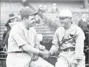  ?? Getty Images ?? BABE RUTH of the Yankees greets Rogers Hornsby of the Cardinals before Game 1 of the 1926 Fall Classic.