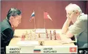  ??  ?? The Russian chess player Anatoly Karpov (left) and his Swiss opponent Viktor Korchnoi at a tournament in 1999, this time without any yoghurt