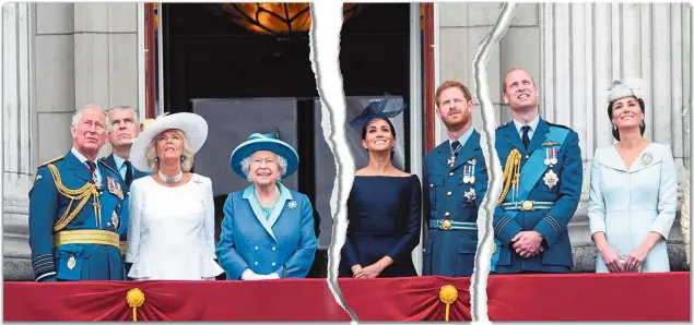  ??  ?? Der gemeinsame Weg ist zu Ende: Prinz Charles, Prinz Andrew, Herzogin Camilla, Queen Elizabeth
II., Herzogin Meghan, Prinz Harry, Prinz William und Herzogin Kate (v. li.)