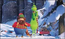  ??  ?? Bricklebau­m (voiced by Kenan Thompson) and the title creature (Benedict Cumberbatc­h) learn some lessons about the Christmas spirit in the latest animated take on the Dr. Seuss classic The Grinch.