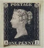  ?? ?? This unused Penny Black, from plate 1a (the very first printed sheet) and lettered A-I, was offered by Sotheby's auctioneer­s in December 2021