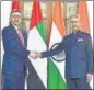  ?? ANI ?? MEA S Jaishankar meets UAE Foreign Minister Abdullah bin Zayed Al Nahyan.