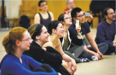  ?? Michael Short / Special to The Chronicle ?? Dancers learn comedy is easy and dying swans can be hilarious as Raffaele Morra of Les Ballets Trockadero de Monte Carlo, an all-male dance troupe that parodies ballet, teaches the “Dying Swan” Community Class at Cal Performanc­es in Berkeley.