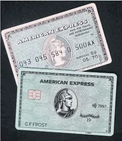  ?? AP ?? The original American Express ‘Green Card’, top, is shown with the latest version of the card.