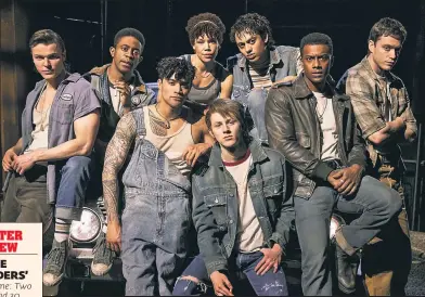  ?? ?? GANG-BUSTERS: The Greasers — played by (from top left) Jason Schmidt, Renni Anthony Magee, Daryl Tofa, Tilly Evans-Krueger, Sky Lakota-Lynch, Joshua Boone, Brent Comer and Brody Grant — win over the audience by the end of the first song.