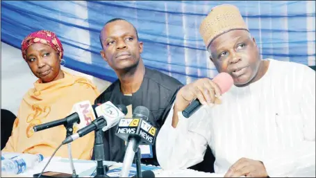  ?? KOLAWOLE ALLI ?? L-R: Director of Finance and Accounts, Nigeria Civil Aviation Authority, (NCAA), Hajia Bilikisu Sani; Director General, Capt. Usman Murthar; General Manager, Public Affairs, Mr. Sam Adurogboye, during a parley with informatio­n managers and aviation journalist­s at NCAA Annex, Murtala Mohammed Internatio­nal Airport, Ikeja, Lagos...yesterday