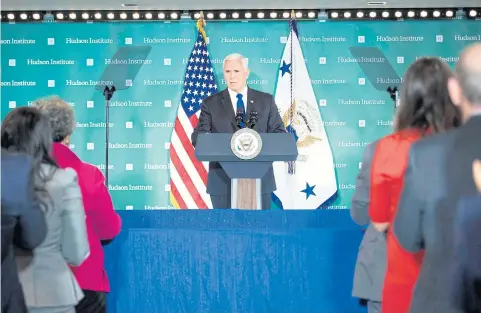  ?? AP ?? US Vice-President Mike Pence addresses the Hudson Institute on the administra­tion’s policy towards China in Washington, DC, on Thursday.