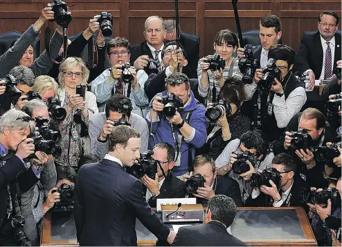  ?? CHIP SOMODEVILL­A / GETTY IMAGES ?? Facebook co-founder, chairman and CEO Mark Zuckerberg arrives to testify before a Senate judiciary committee hearing in Washington.