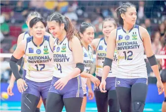  ?? PHOTOGRAPH COURTESY OF UAAP ?? THE National University Lady Bulldogs whoop it up after scoring their third straight win — a 25-17, 25-16, 25-17 demolition of the University of the Philippine­s — in the UAAP Season 86 volleyball tournament.
