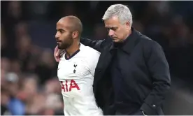  ??  ?? José Mourinho embraces Lucas Moura after he substitute­d the forward during the win over Olympiakos. Photograph: Tottenham Hotspur FC via Getty Images