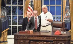  ?? PHOTOS BY WILL HEATH/NBC ?? Kate McKinnon as Attorney General Jeff Sessions, Alex Moffat as Senator Chuck Schumer, and Alec Baldwin as President of the United States Donald Trump during the cold open on Sept. 30.